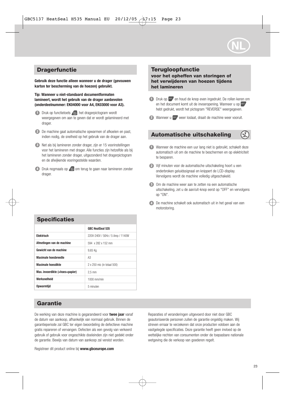 Garantie, Specificaties, Automatische uitschakeling | Dragerfunctie, Terugloopfunctie | GBC H535 Turbo User Manual | Page 23 / 54
