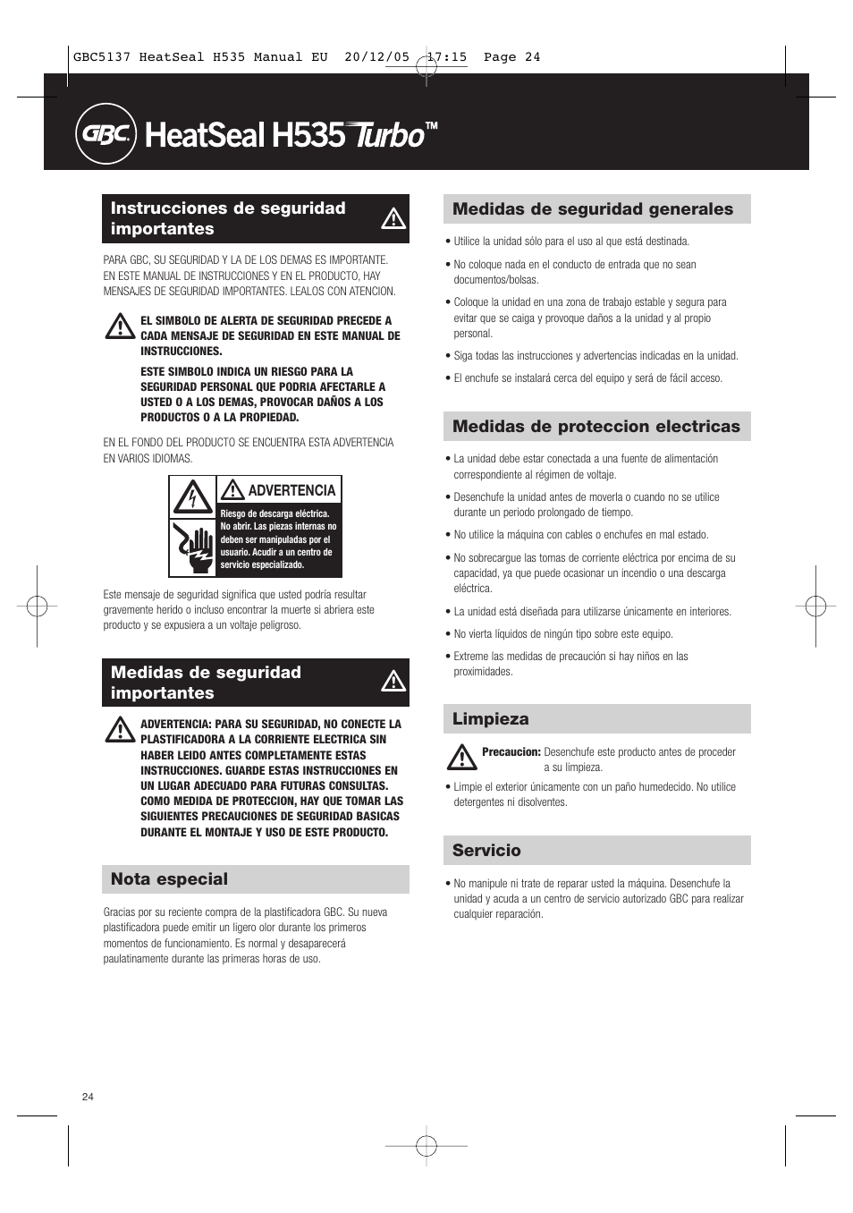 GBC H535 Turbo User Manual | Page 24 / 54