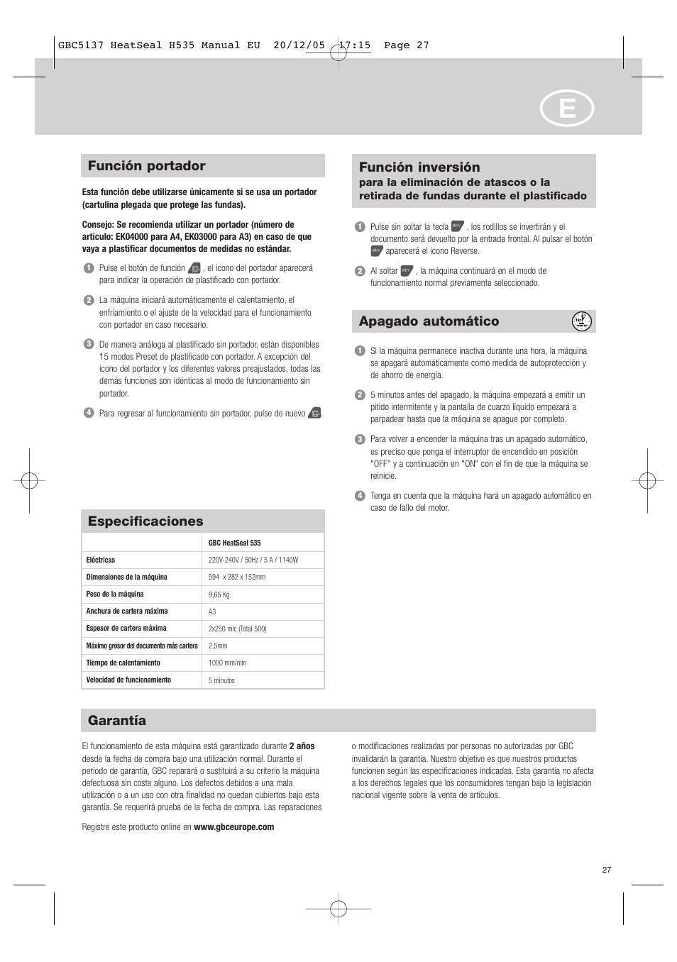 Especificaciones, Apagado automático, Función portador | Función inversión, Garantía | GBC H535 Turbo User Manual | Page 27 / 54
