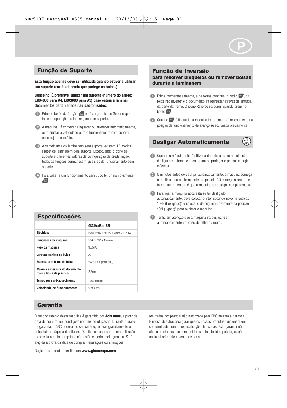 Especificações, Desligar automaticamente, Função de suporte | Função de inversão, Garantia | GBC H535 Turbo User Manual | Page 31 / 54