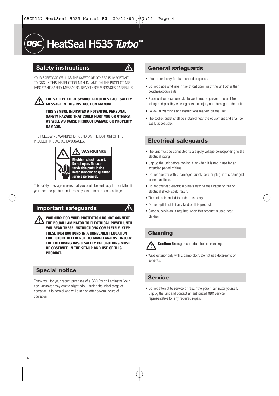 GBC H535 Turbo User Manual | Page 4 / 54