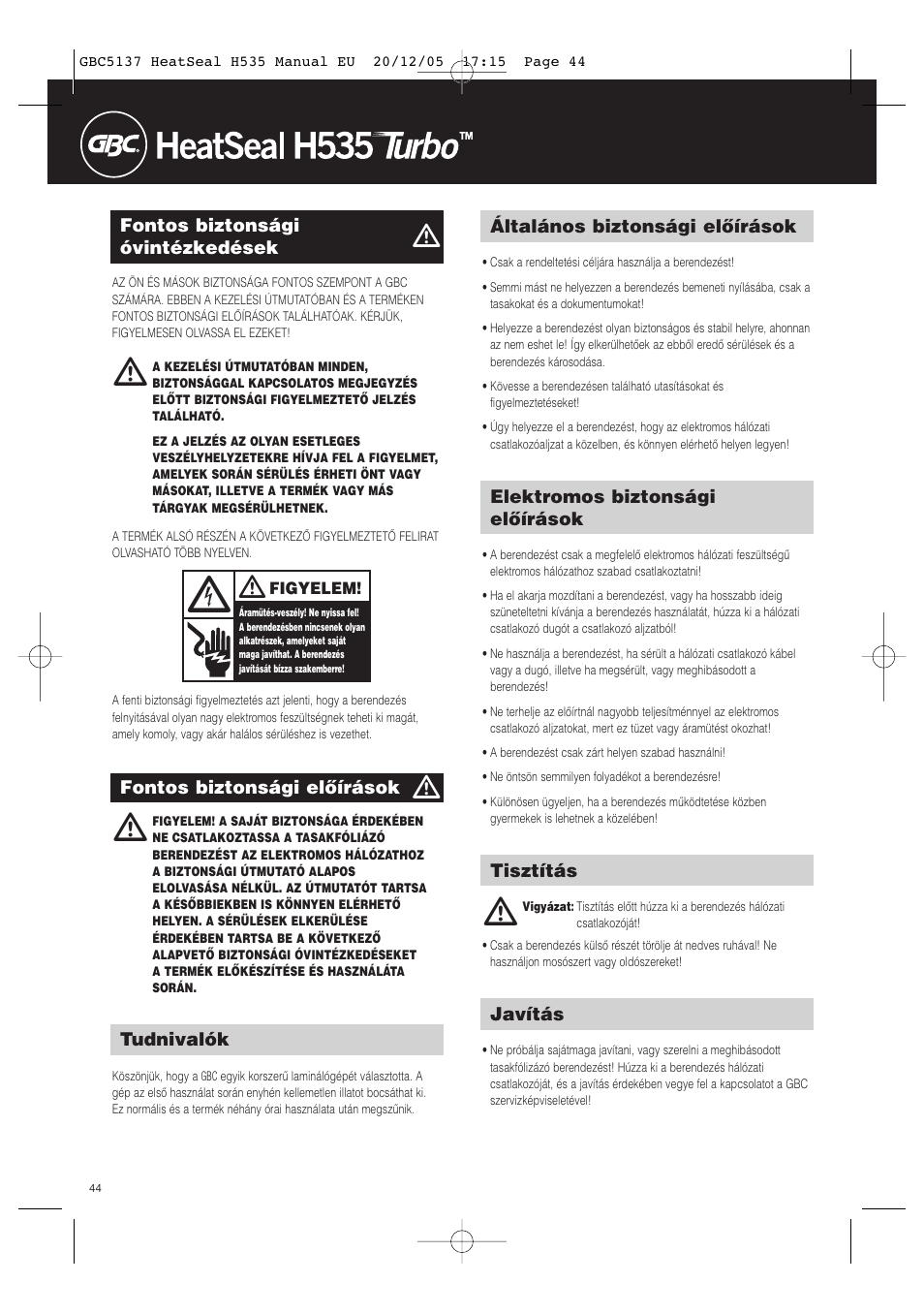 GBC H535 Turbo User Manual | Page 44 / 54
