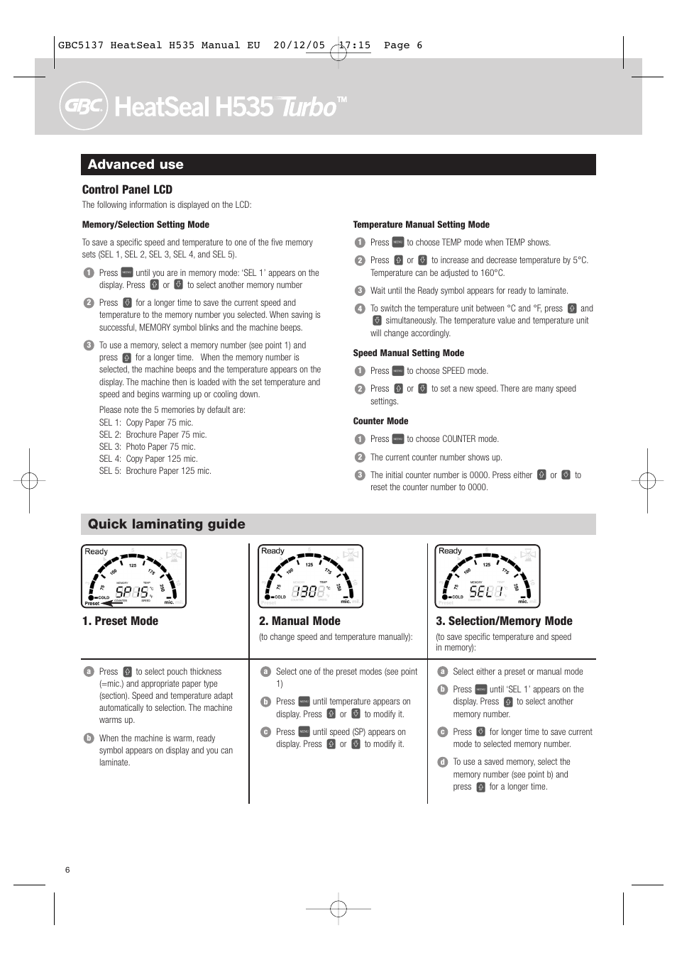 Advanced use, Quick laminating guide, Control panel lcd | Preset mode, Manual mode | GBC H535 Turbo User Manual | Page 6 / 54