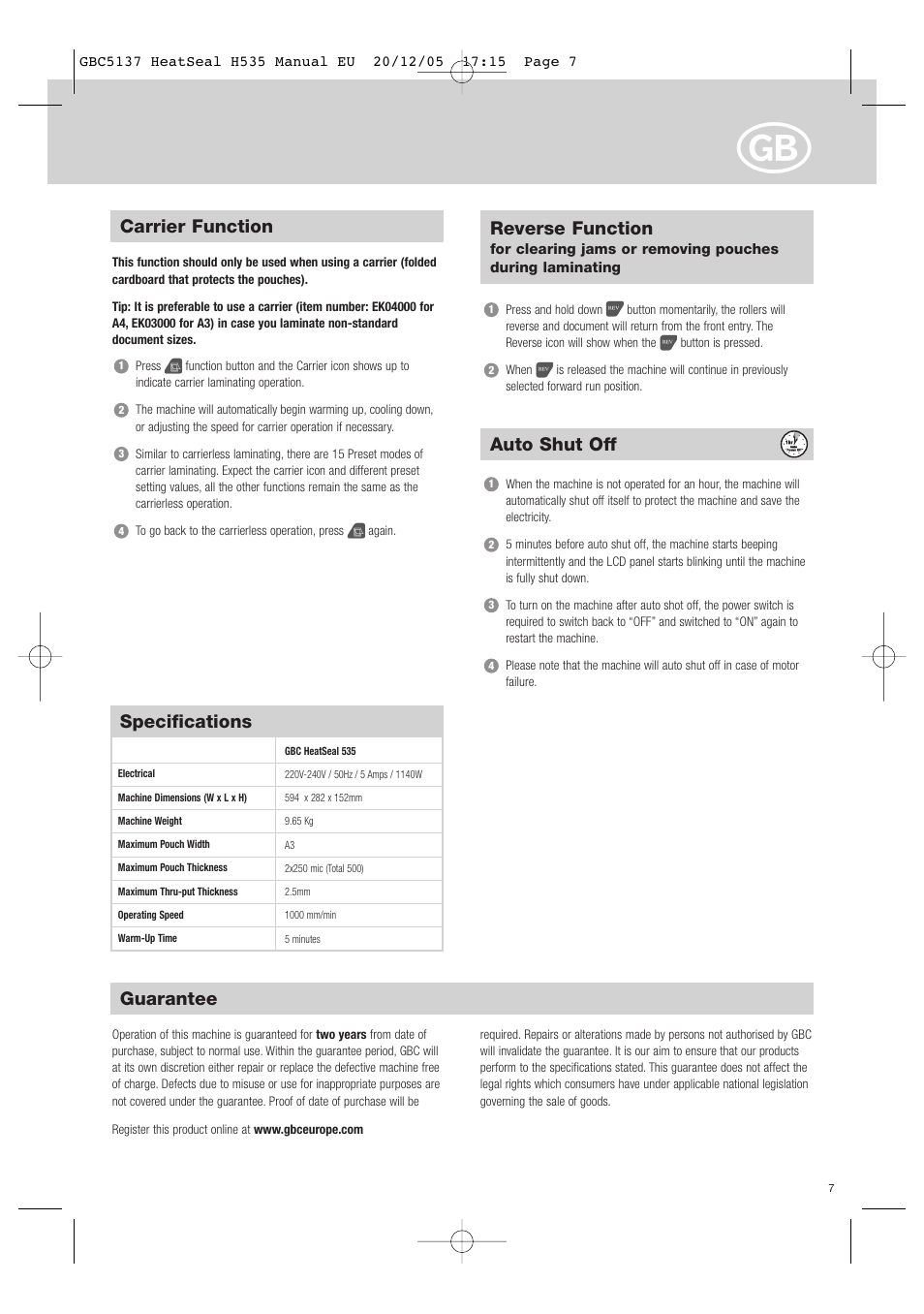 Specifications, Guarantee, Auto shut off | Carrier function, Reverse function | GBC H535 Turbo User Manual | Page 7 / 54