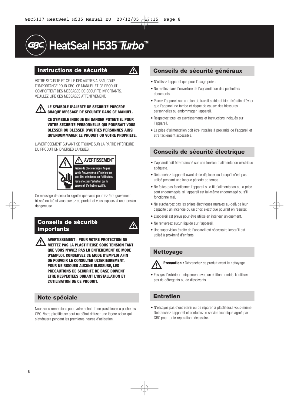 GBC H535 Turbo User Manual | Page 8 / 54