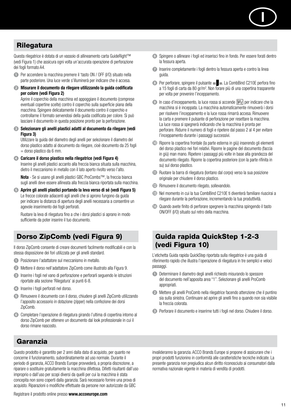 Garanzia, Rilegatura, Dorso zipcomb (vedi figura 9) | GBC C210E User Manual | Page 11 / 38