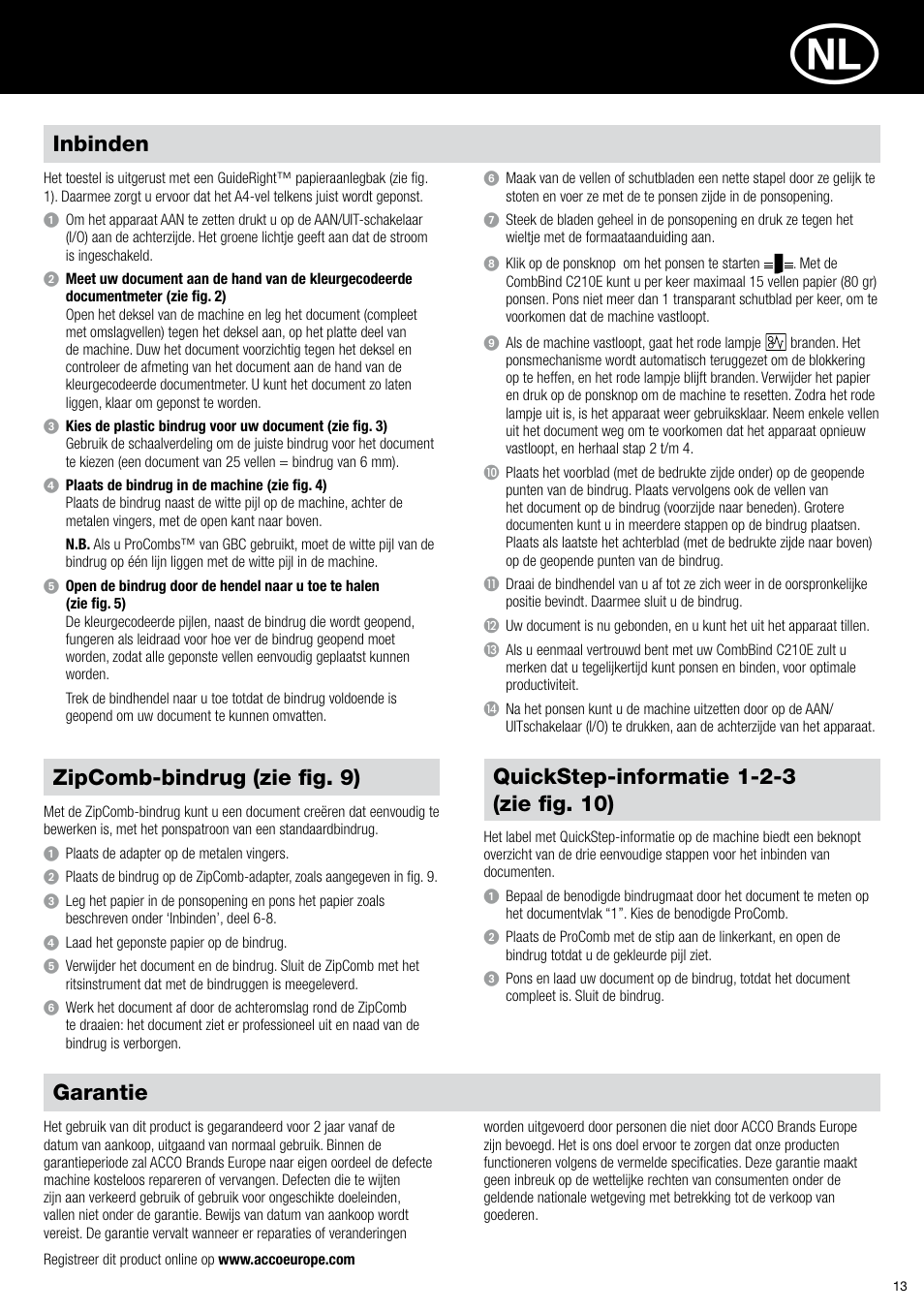 Garantie, Inbinden, Zipcomb-bindrug (zie fig. 9) | GBC C210E User Manual | Page 13 / 38