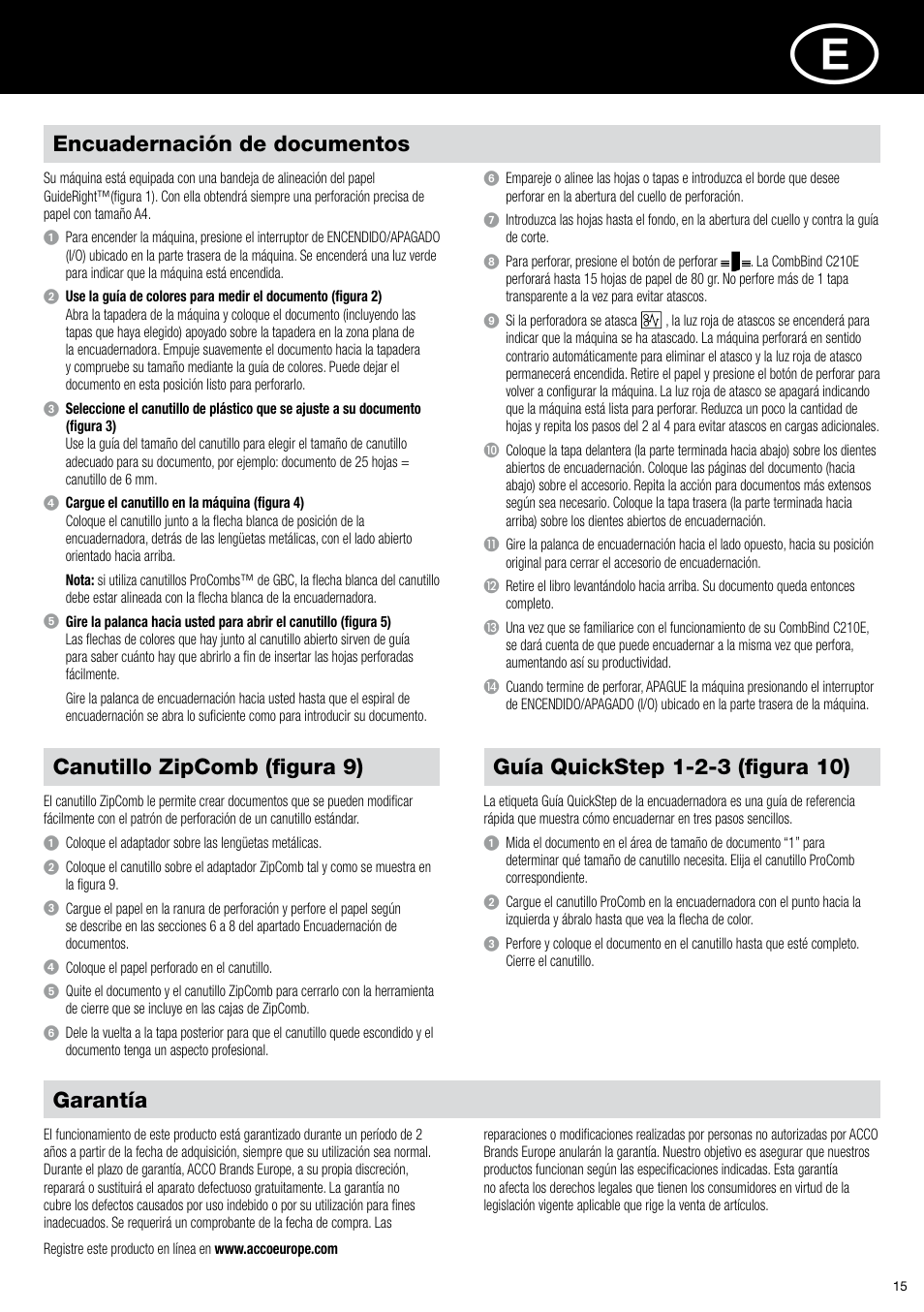 Garantía, Encuadernación de documentos, Canutillo zipcomb (figura 9) | GBC C210E User Manual | Page 15 / 38