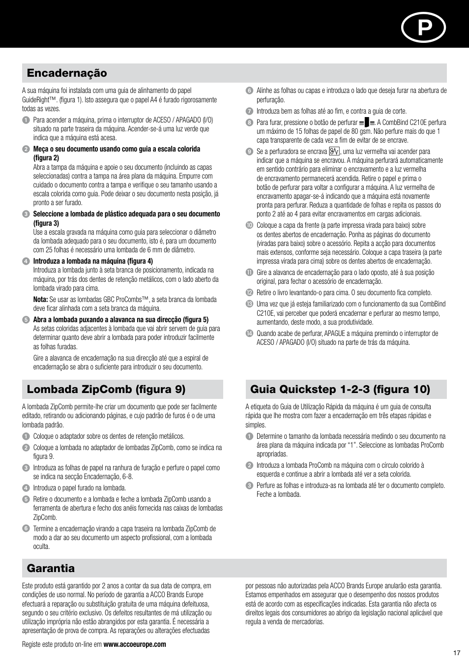 Garantia, Encadernação, Lombada zipcomb (figura 9) | GBC C210E User Manual | Page 17 / 38