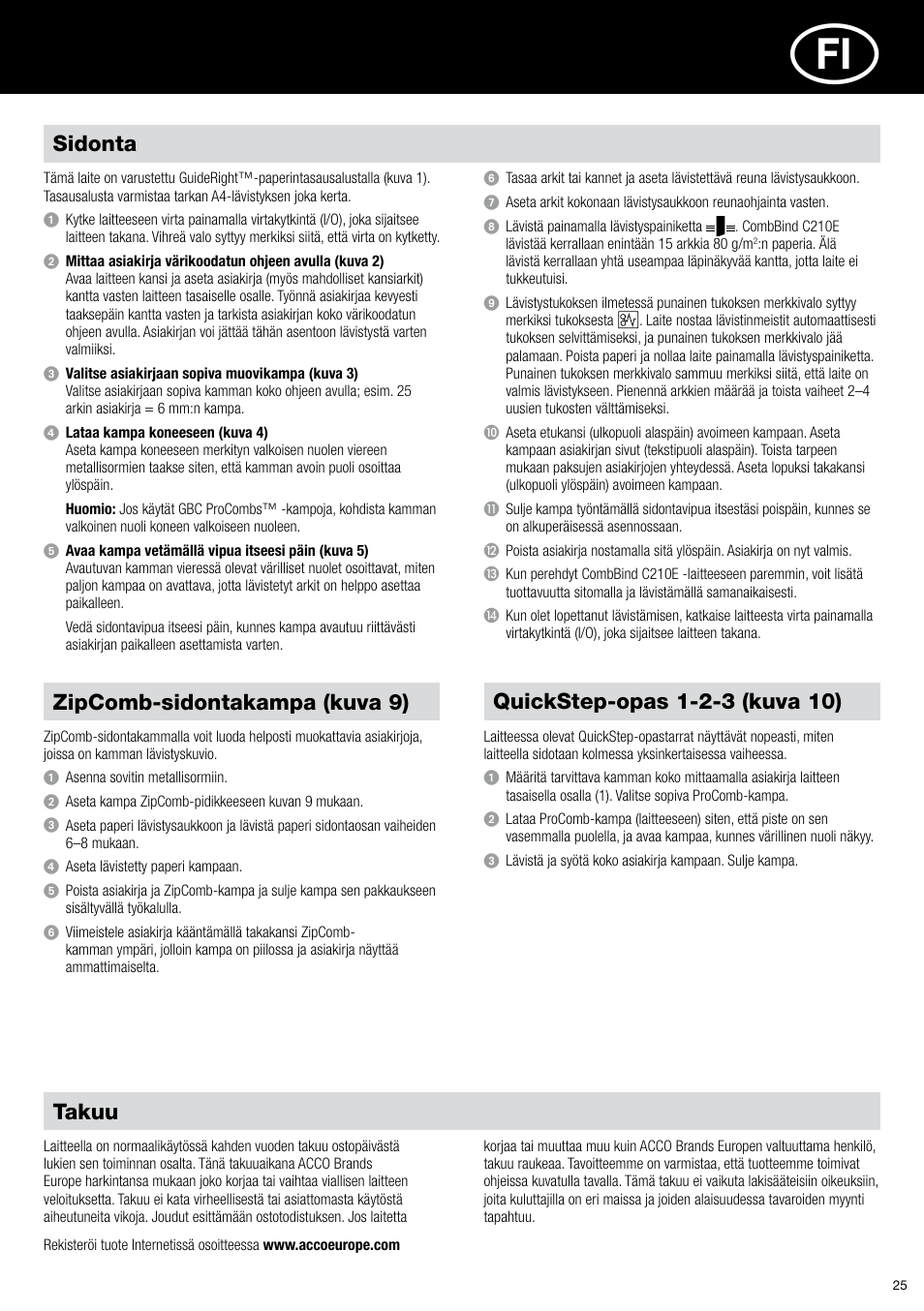 Takuu, Sidonta, Zipcomb-sidontakampa (kuva 9) | GBC C210E User Manual | Page 25 / 38