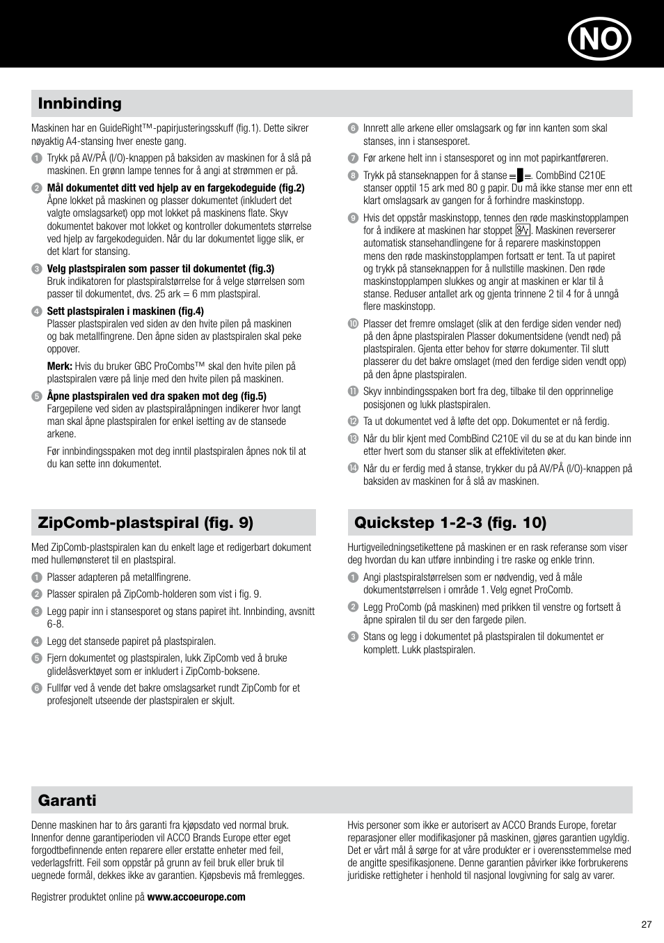 Garanti, Innbinding, Zipcomb-plastspiral (fig. 9) | GBC C210E User Manual | Page 27 / 38