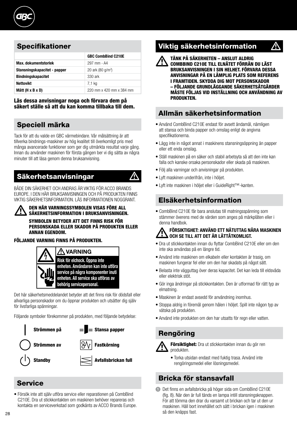 Speciell märka, Allmän säkerhetsinformation, Viktig säkerhetsinformation | Elsäkerhetsinformation, Service, Rengöring bricka för stansavfall, Säkerhetsanvisningar, Specifikationer | GBC C210E User Manual | Page 28 / 38