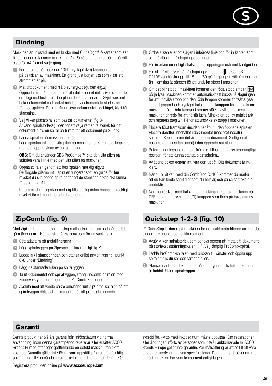 Garanti, Bindning, Zipcomb (fig. 9) | GBC C210E User Manual | Page 29 / 38