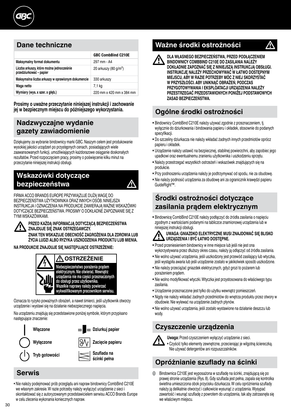 Ważne środki ostrożności, Serwis, Czyszczenie urządzenia | Wskazówki dotyczące bezpieczeństwa, Dane techniczne, Opróżnianie szuflady na ścinki | GBC C210E User Manual | Page 30 / 38