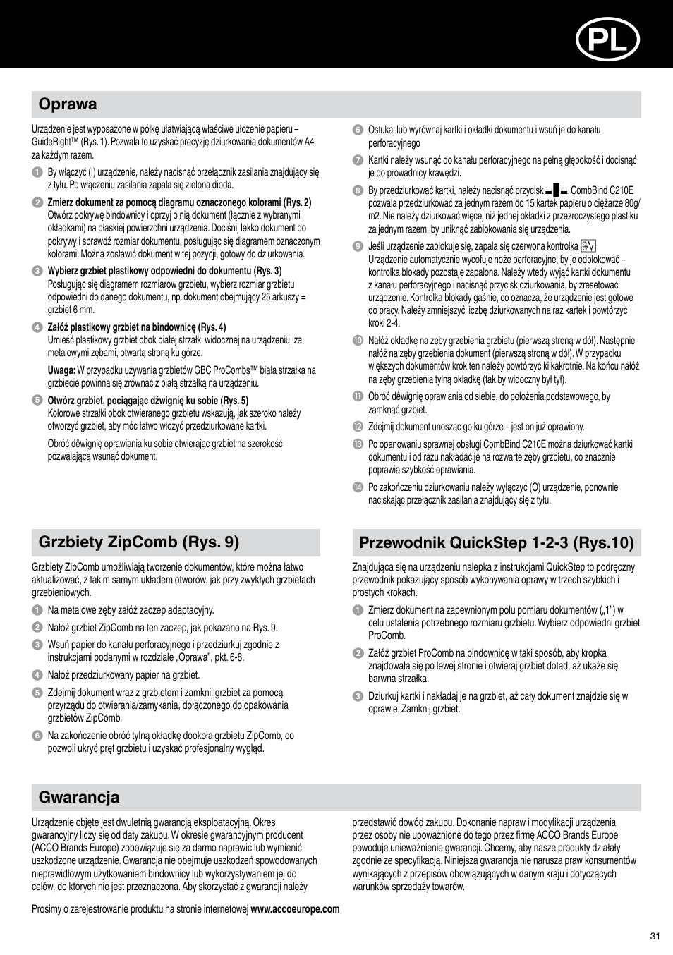 Gwarancja, Oprawa, Grzbiety zipcomb (rys. 9) | GBC C210E User Manual | Page 31 / 38