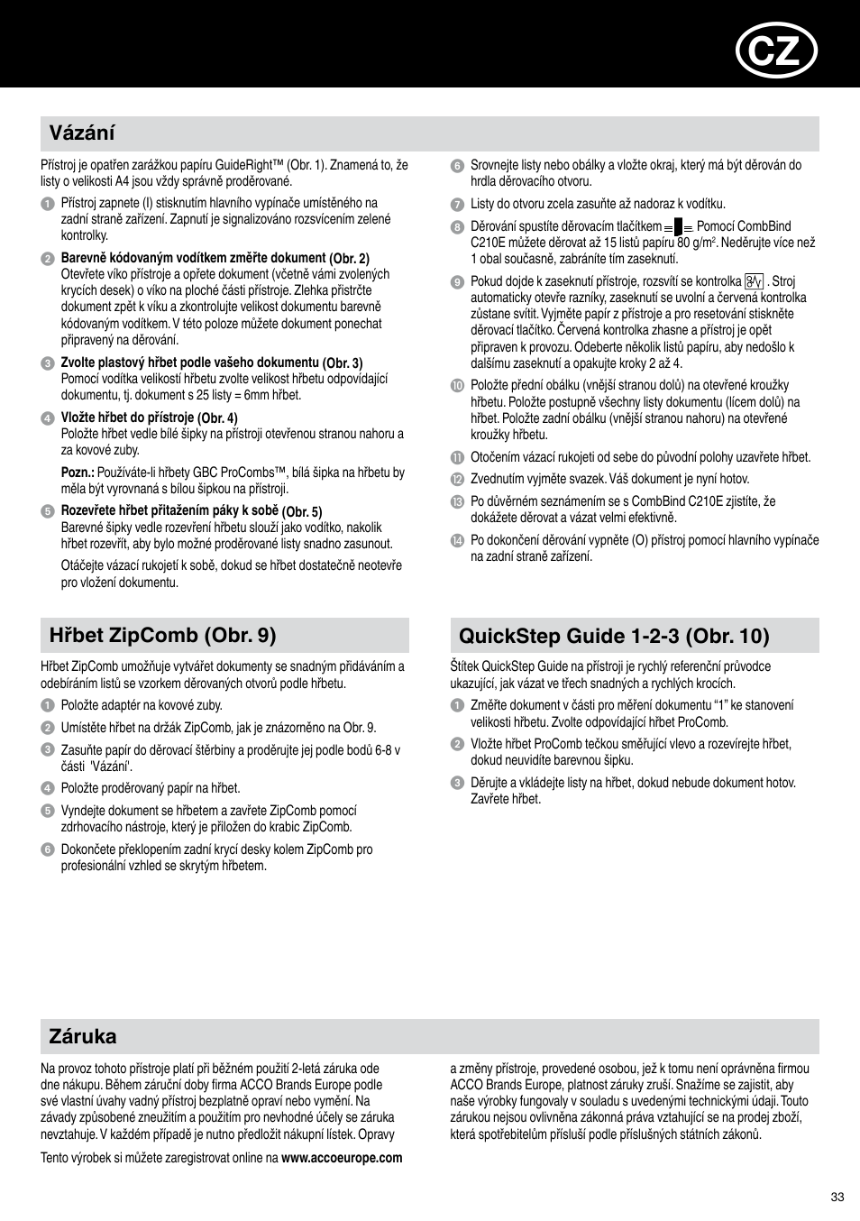 Záruka, Vázání, Hřbet zipcomb (obr. 9) | GBC C210E User Manual | Page 33 / 38