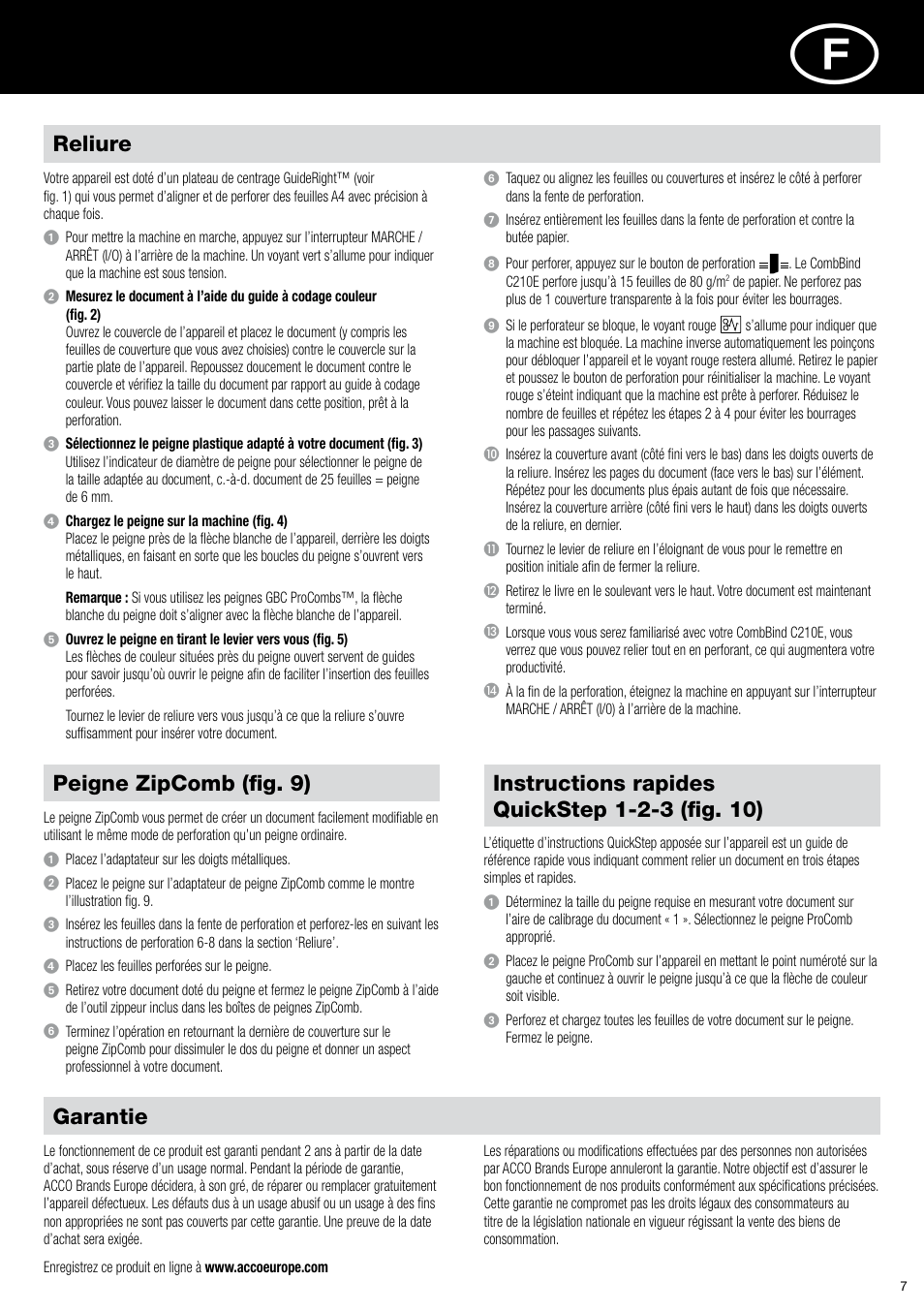 Garantie, Reliure, Peigne zipcomb (fig. 9) | GBC C210E User Manual | Page 7 / 38