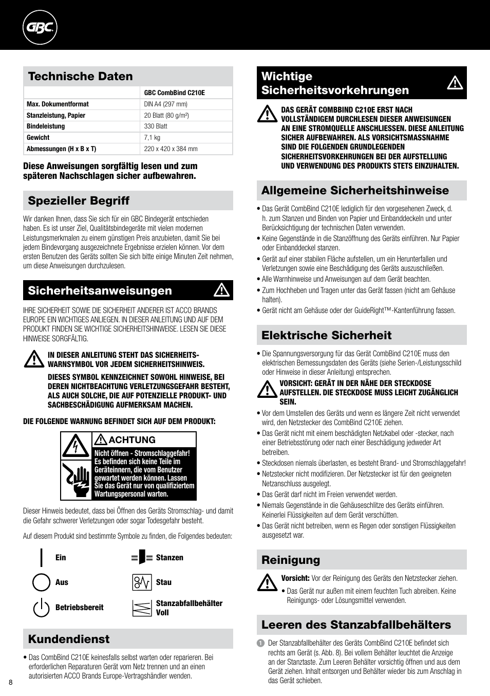 Allgemeine sicherheitshinweise, Wichtige sicherheitsvorkehrungen, Elektrische sicherheit | Kundendienst, Reinigung leeren des stanzabfallbehälters, Spezieller begriff, Sicherheitsanweisungen, Technische daten | GBC C210E User Manual | Page 8 / 38