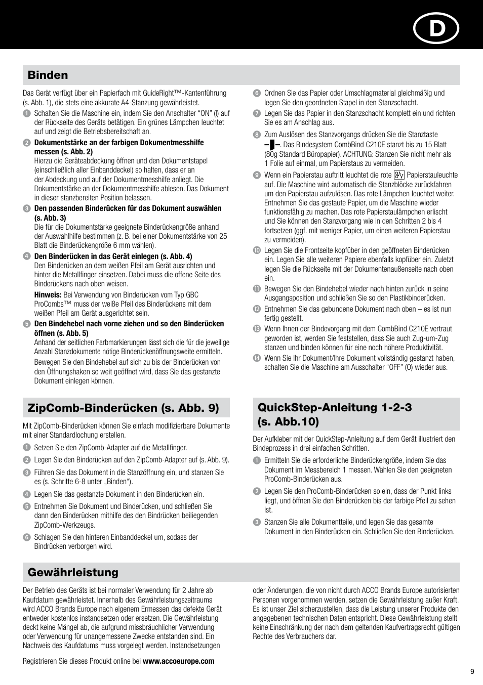 Gewährleistung, Binden, Zipcomb-binderücken (s. abb. 9) | GBC C210E User Manual | Page 9 / 38
