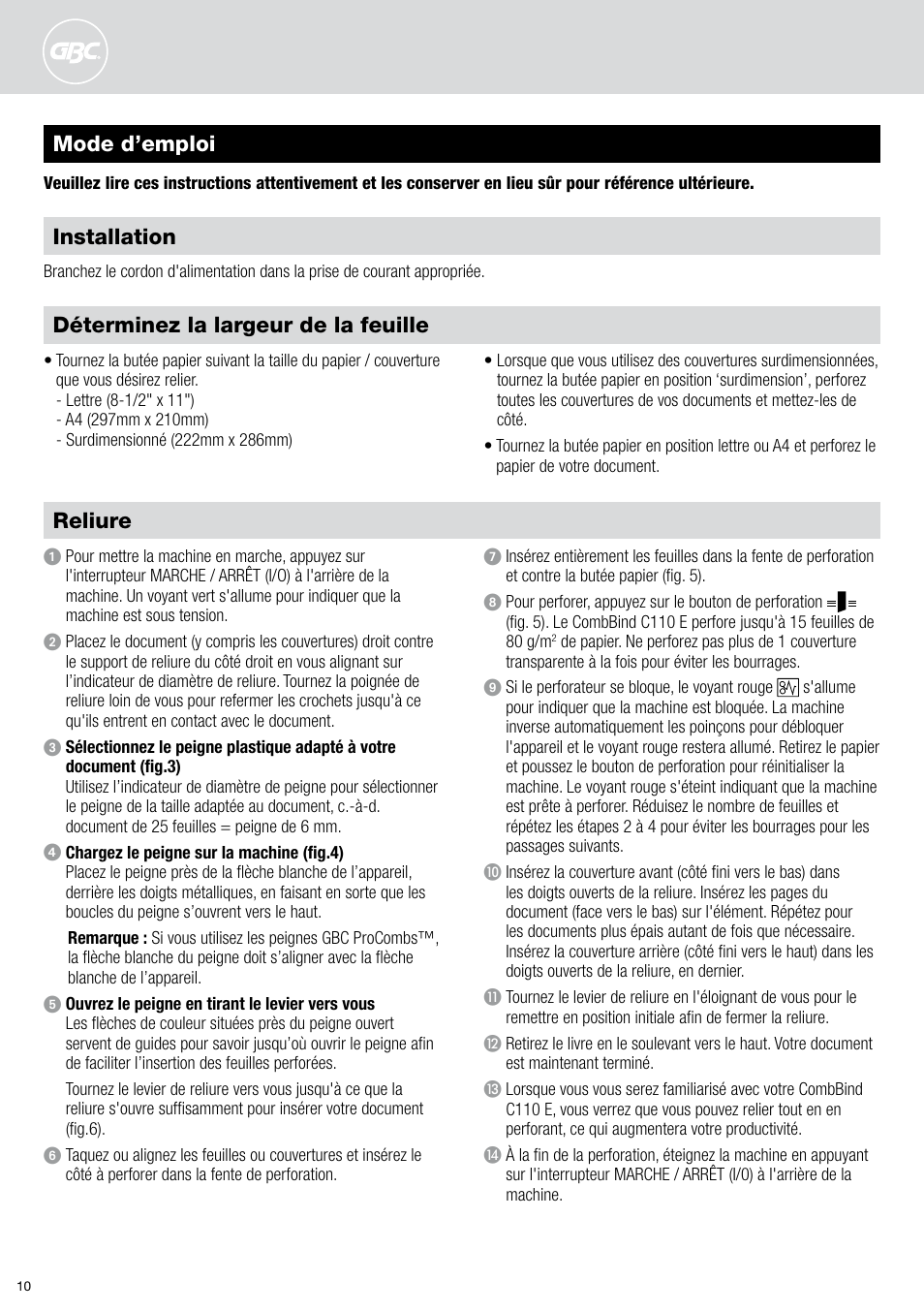 Mode d’emploi reliure, Déterminez la largeur de la feuille, Installation | GBC C110 E User Manual | Page 10 / 74