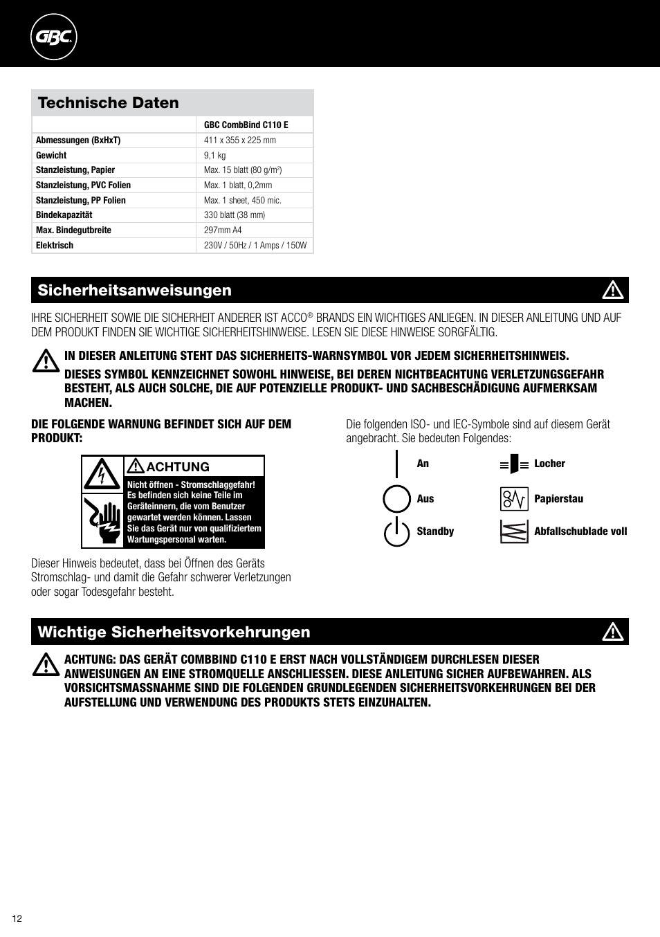 GBC C110 E User Manual | Page 12 / 74