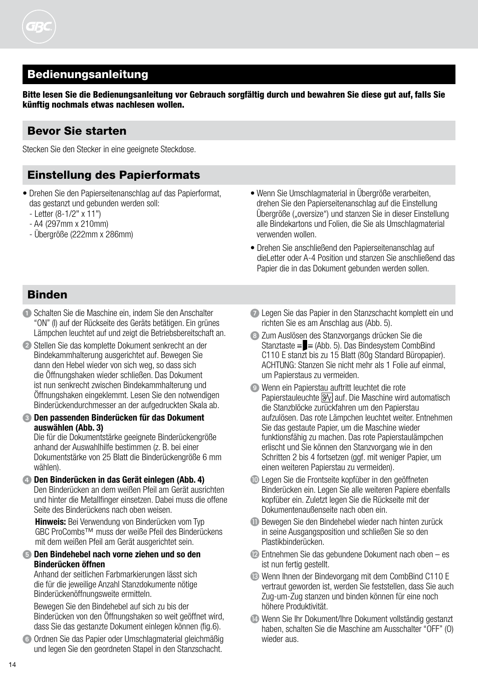 Bedienungsanleitung binden, Einstellung des papierformats, Bevor sie starten | GBC C110 E User Manual | Page 14 / 74