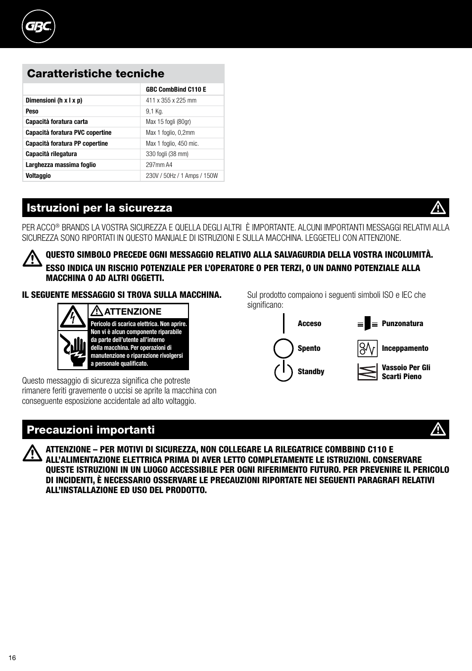GBC C110 E User Manual | Page 16 / 74