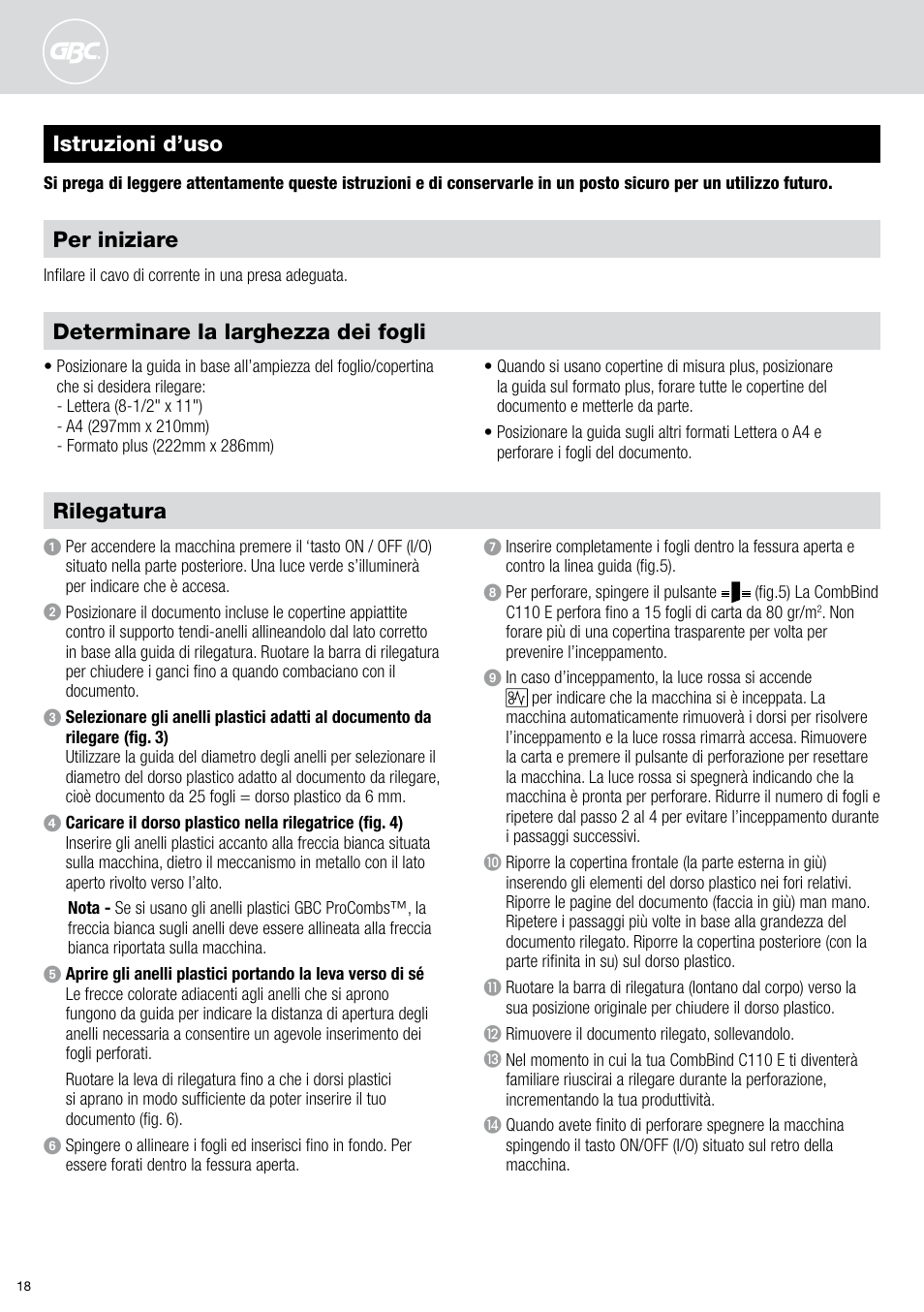 Istruzioni d’uso rilegatura, Determinare la larghezza dei fogli, Per iniziare | GBC C110 E User Manual | Page 18 / 74