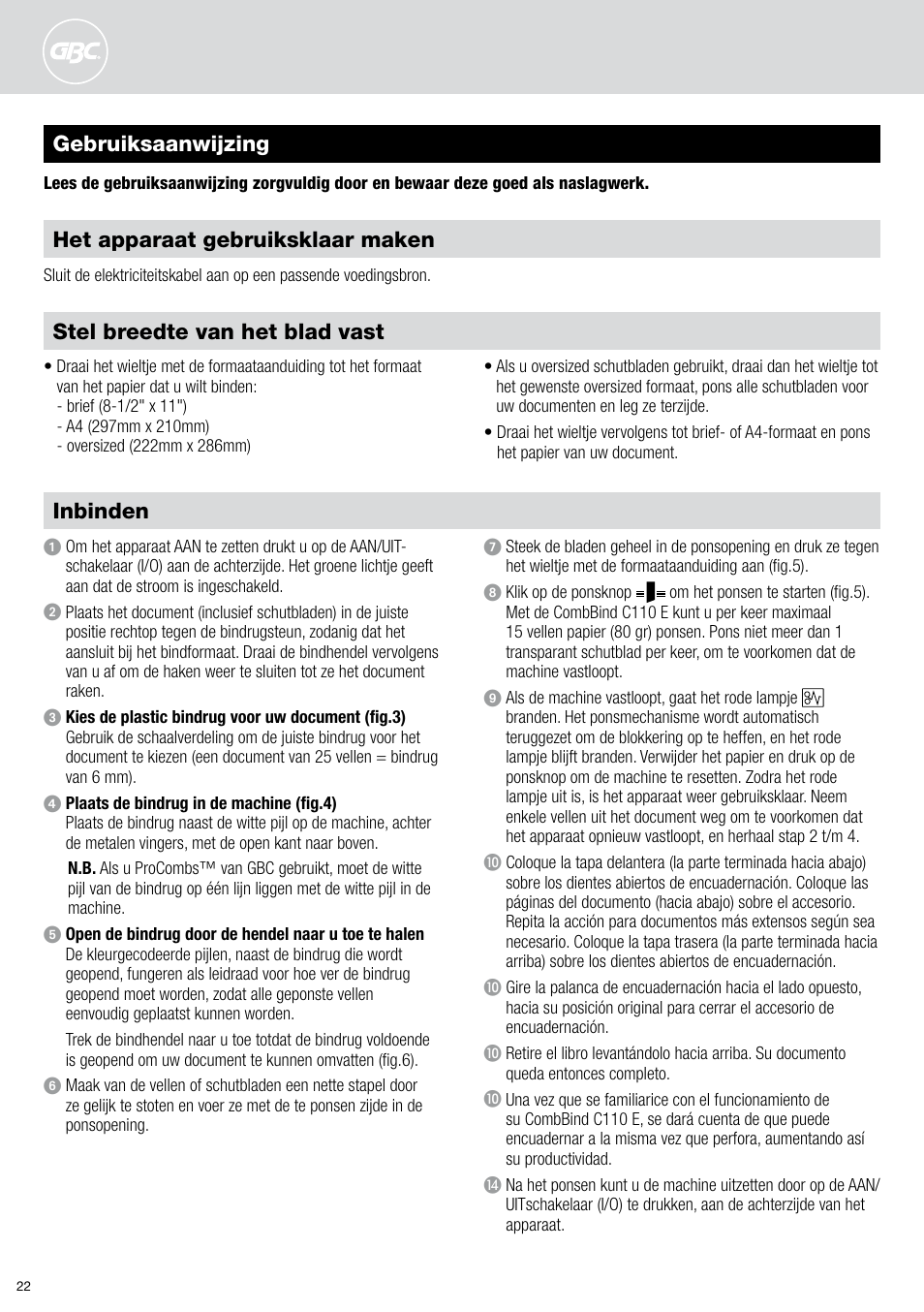 Gebruiksaanwijzing inbinden, Stel breedte van het blad vast, Het apparaat gebruiksklaar maken | GBC C110 E User Manual | Page 22 / 74