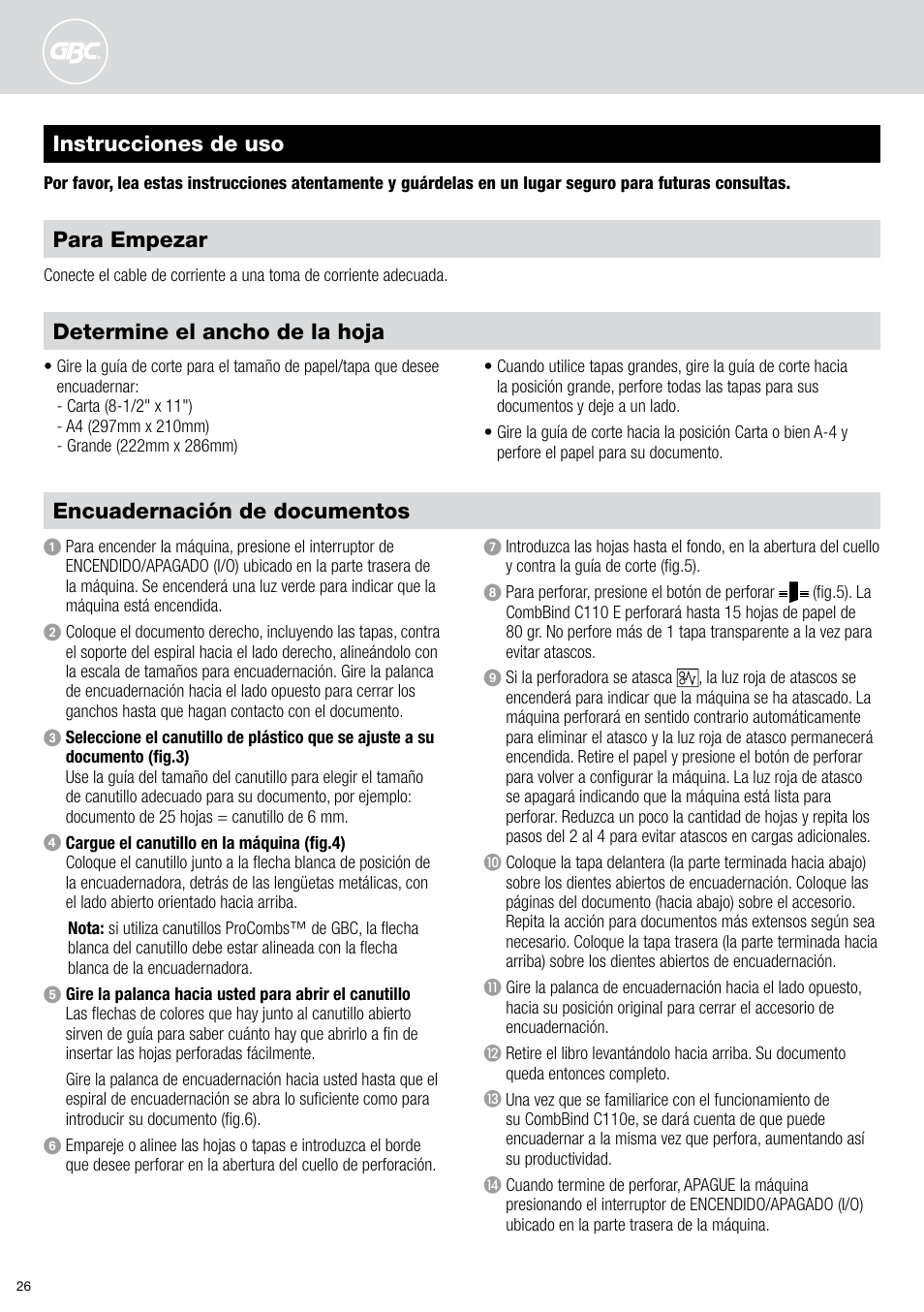 Instrucciones de uso encuadernación de documentos, Determine el ancho de la hoja, Para empezar | GBC C110 E User Manual | Page 26 / 74