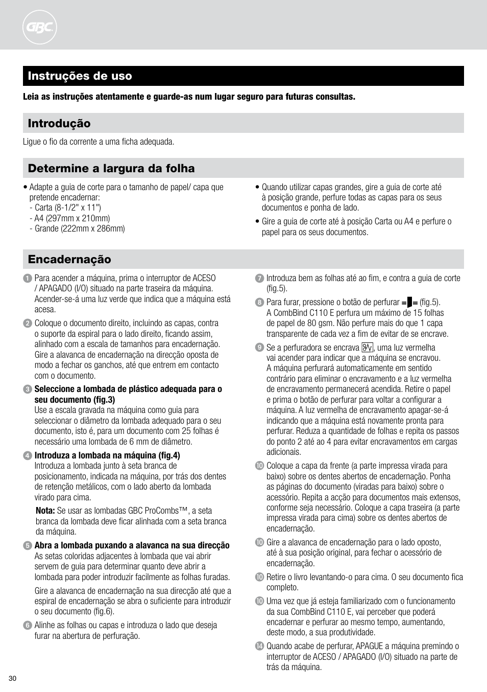 Instruções de uso encadernação, Determine a largura da folha, Introdução | GBC C110 E User Manual | Page 30 / 74
