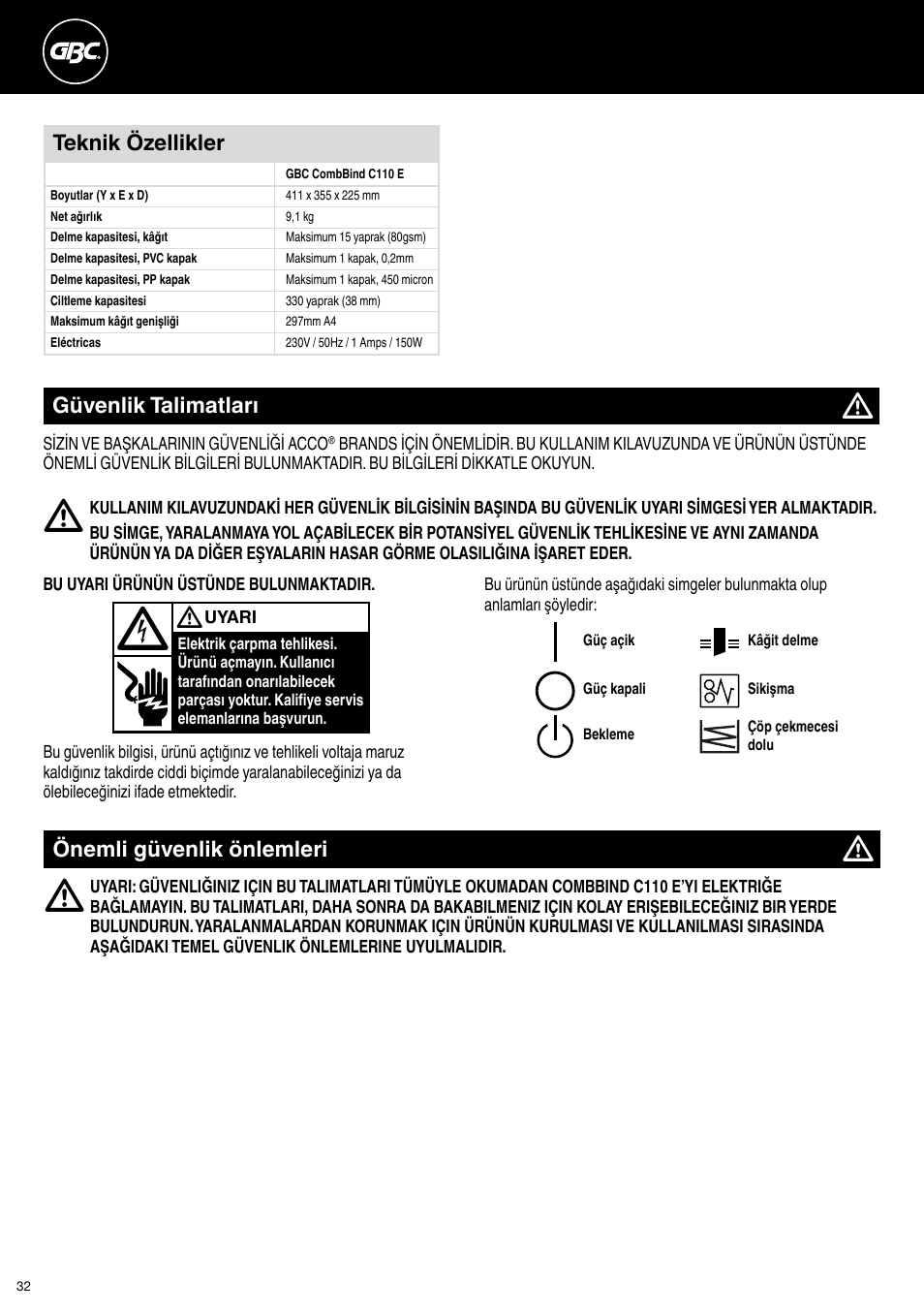 GBC C110 E User Manual | Page 32 / 74