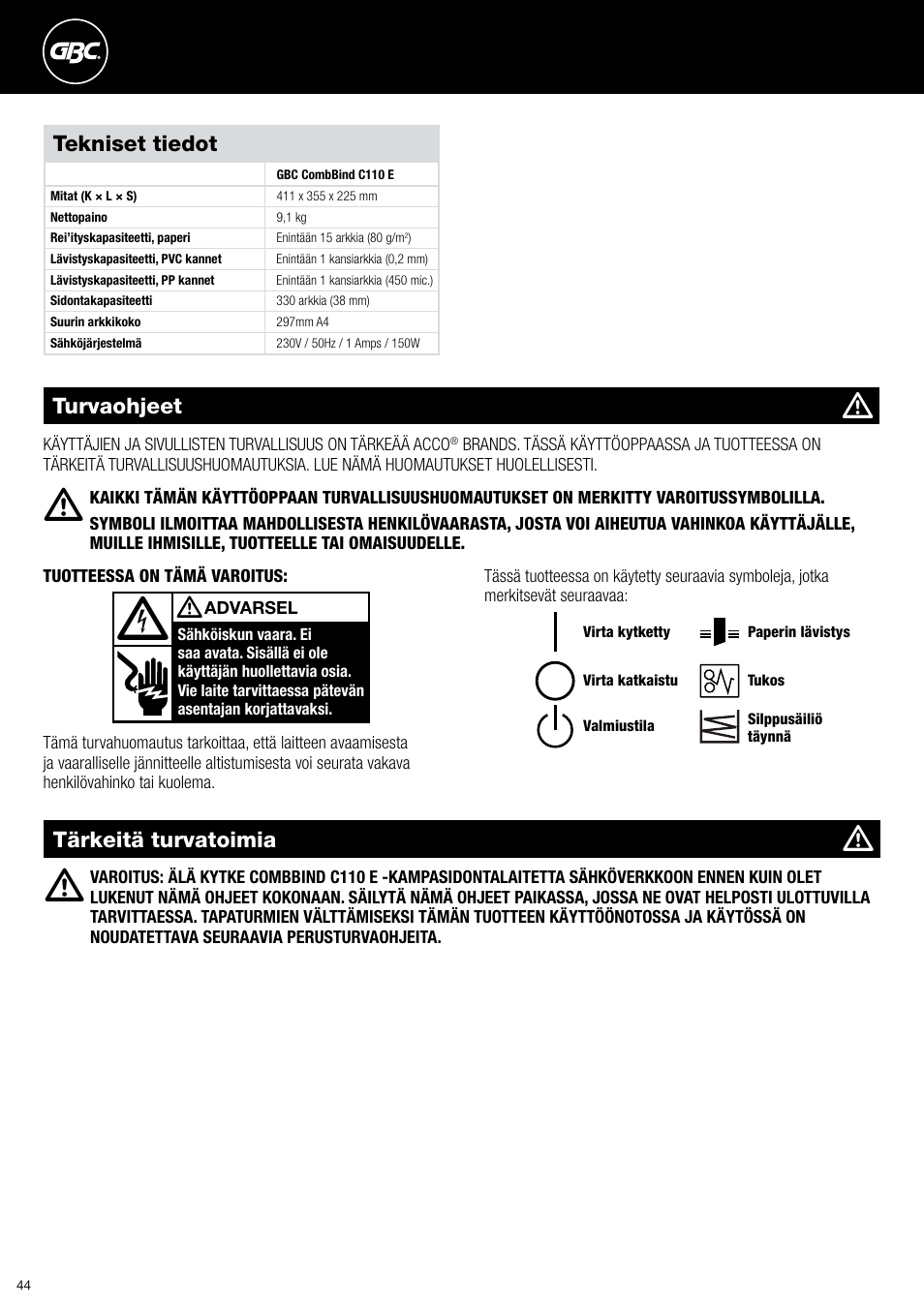 GBC C110 E User Manual | Page 44 / 74