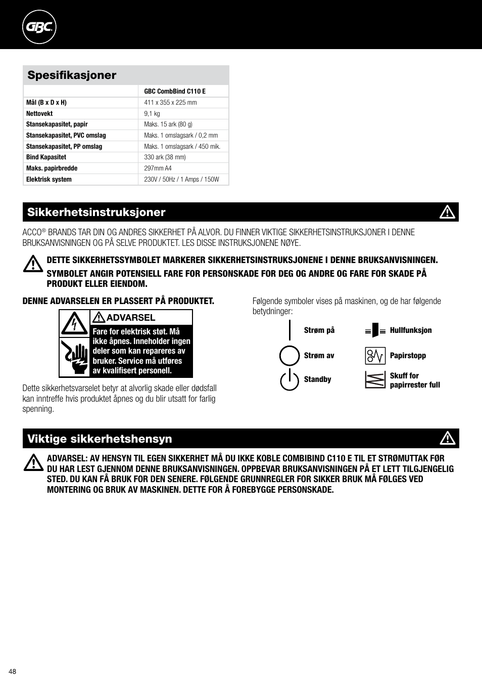 GBC C110 E User Manual | Page 48 / 74
