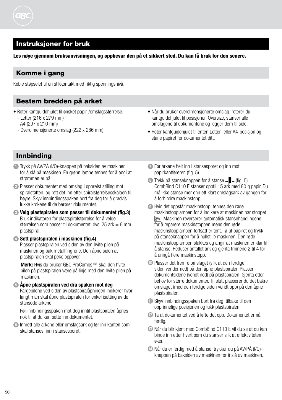 Instruksjoner for bruk innbinding, Bestem bredden på arket, Komme i gang | GBC C110 E User Manual | Page 50 / 74