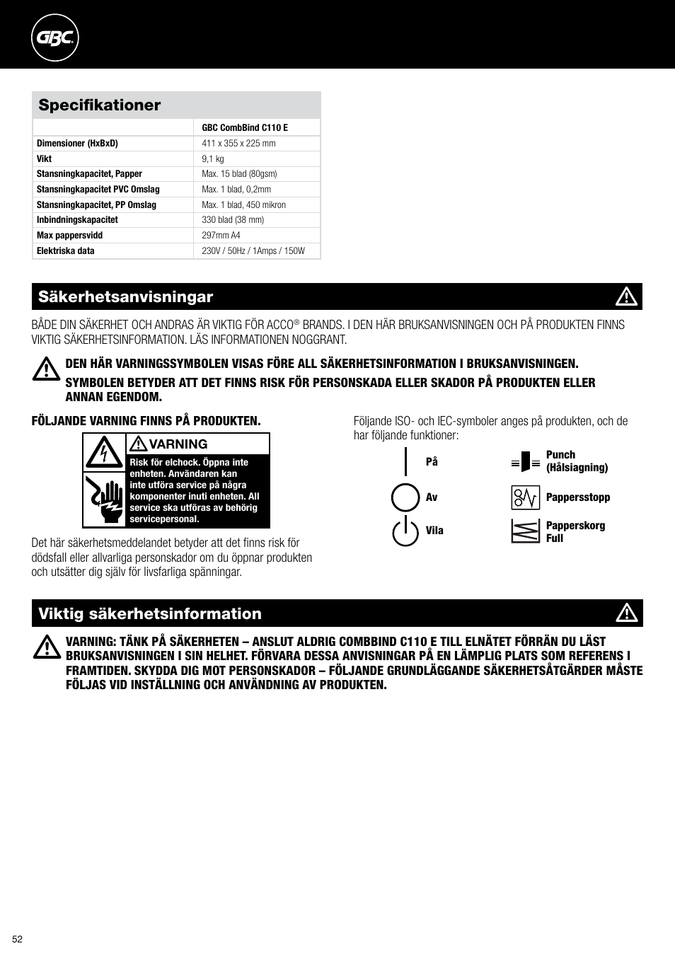GBC C110 E User Manual | Page 52 / 74