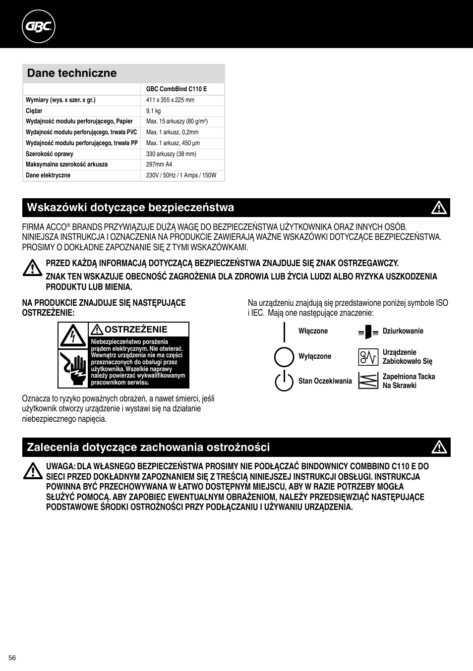 GBC C110 E User Manual | Page 56 / 74