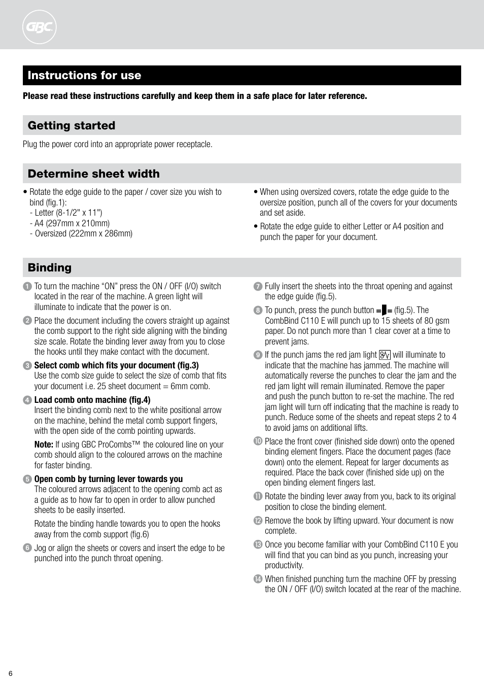 Instructions for use binding, Determine sheet width, Getting started | GBC C110 E User Manual | Page 6 / 74