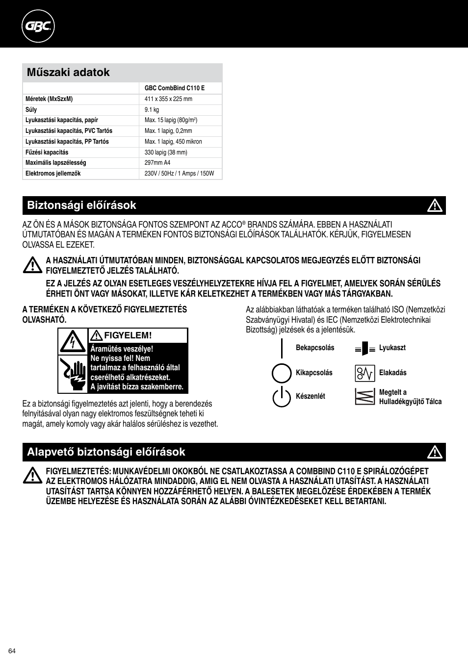 GBC C110 E User Manual | Page 64 / 74
