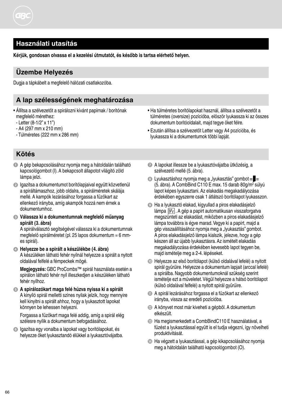 Használati utasítás kötés, A lap szélességének meghatározása, Üzembe helyezés | GBC C110 E User Manual | Page 66 / 74