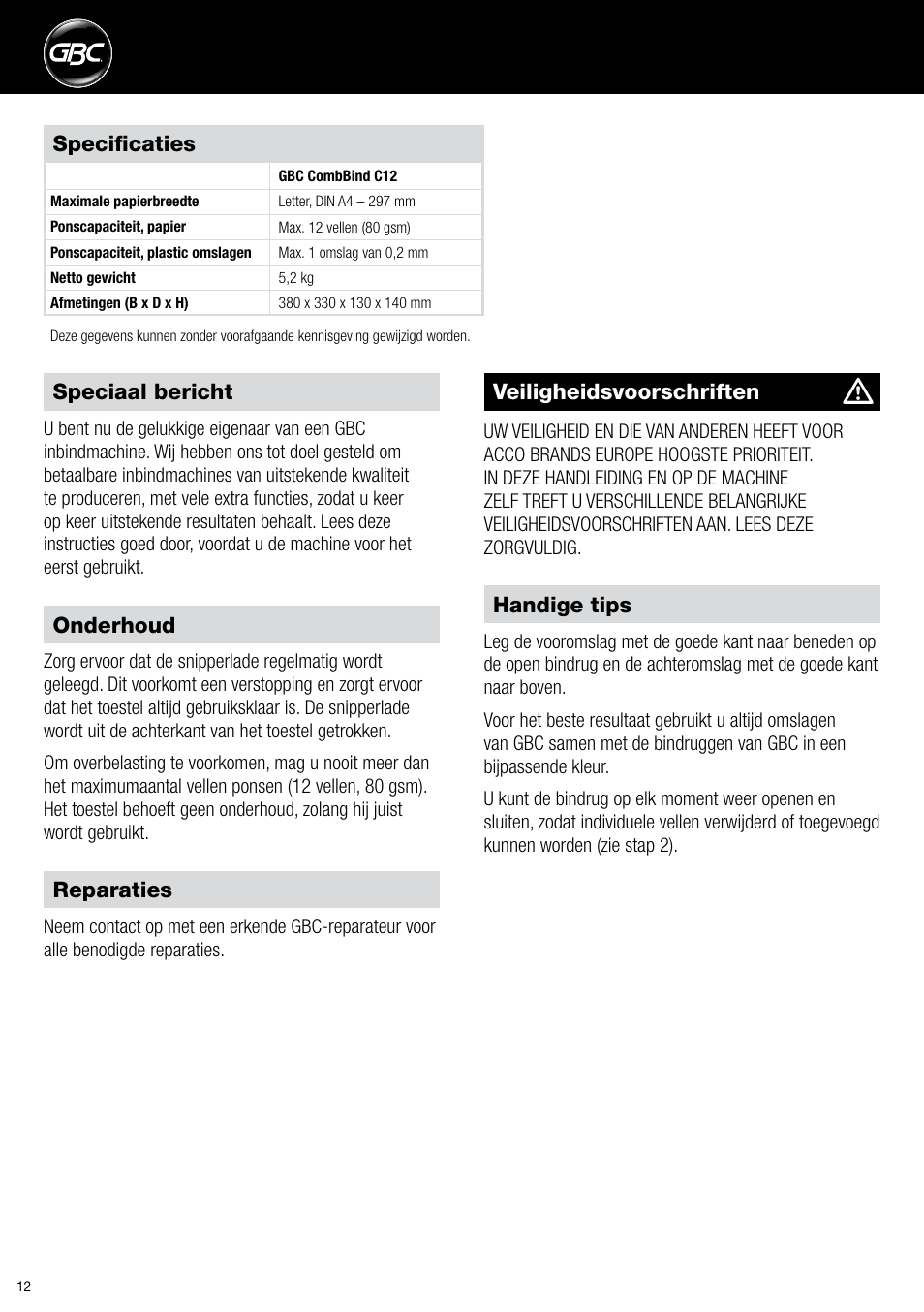 GBC C12 User Manual | Page 12 / 40