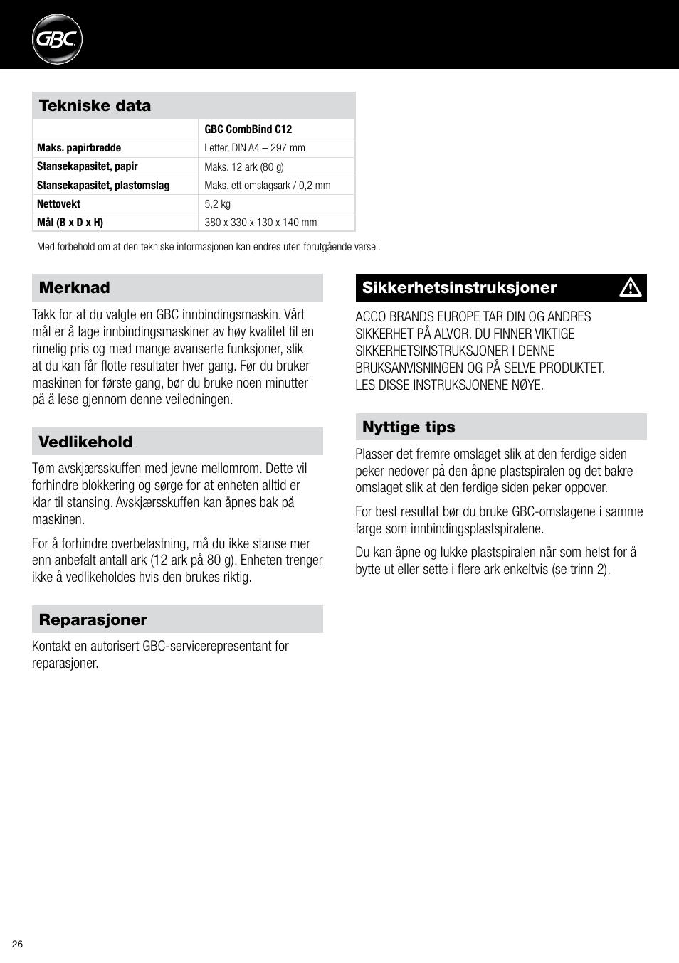 GBC C12 User Manual | Page 26 / 40