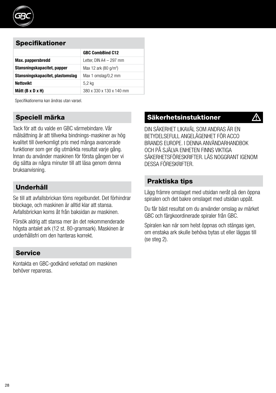 GBC C12 User Manual | Page 28 / 40