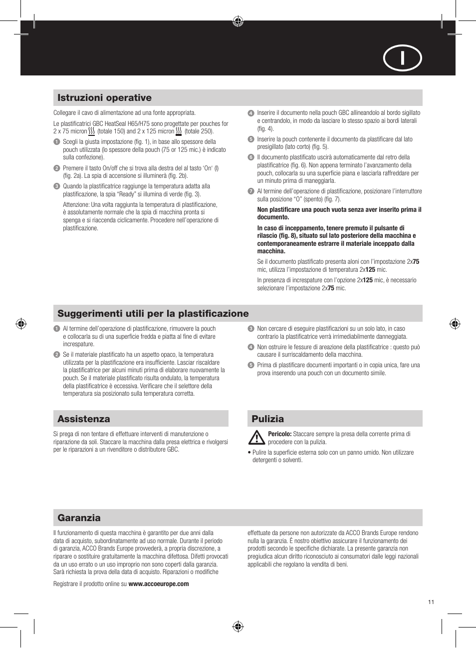 Garanzia, Pulizia istruzioni operative, Suggerimenti utili per la plastificazione | Assistenza | GBC H75 User Manual | Page 11 / 30