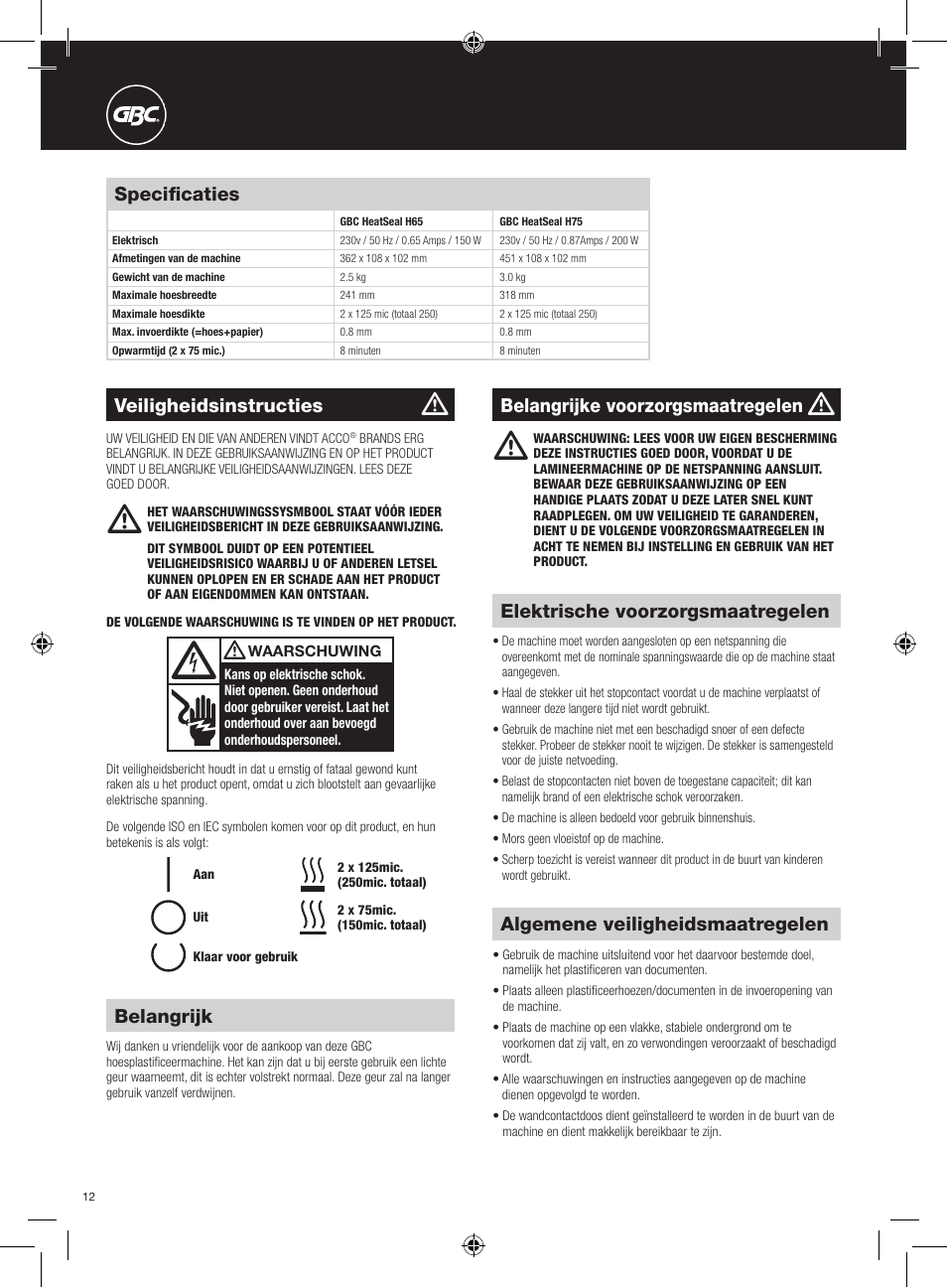 Algemene veiligheidsmaatregelen, Elektrische voorzorgsmaatregelen, Specificaties | Belangrijke voorzorgsmaatregelen, Belangrijk, Veiligheidsinstructies | GBC H75 User Manual | Page 12 / 30