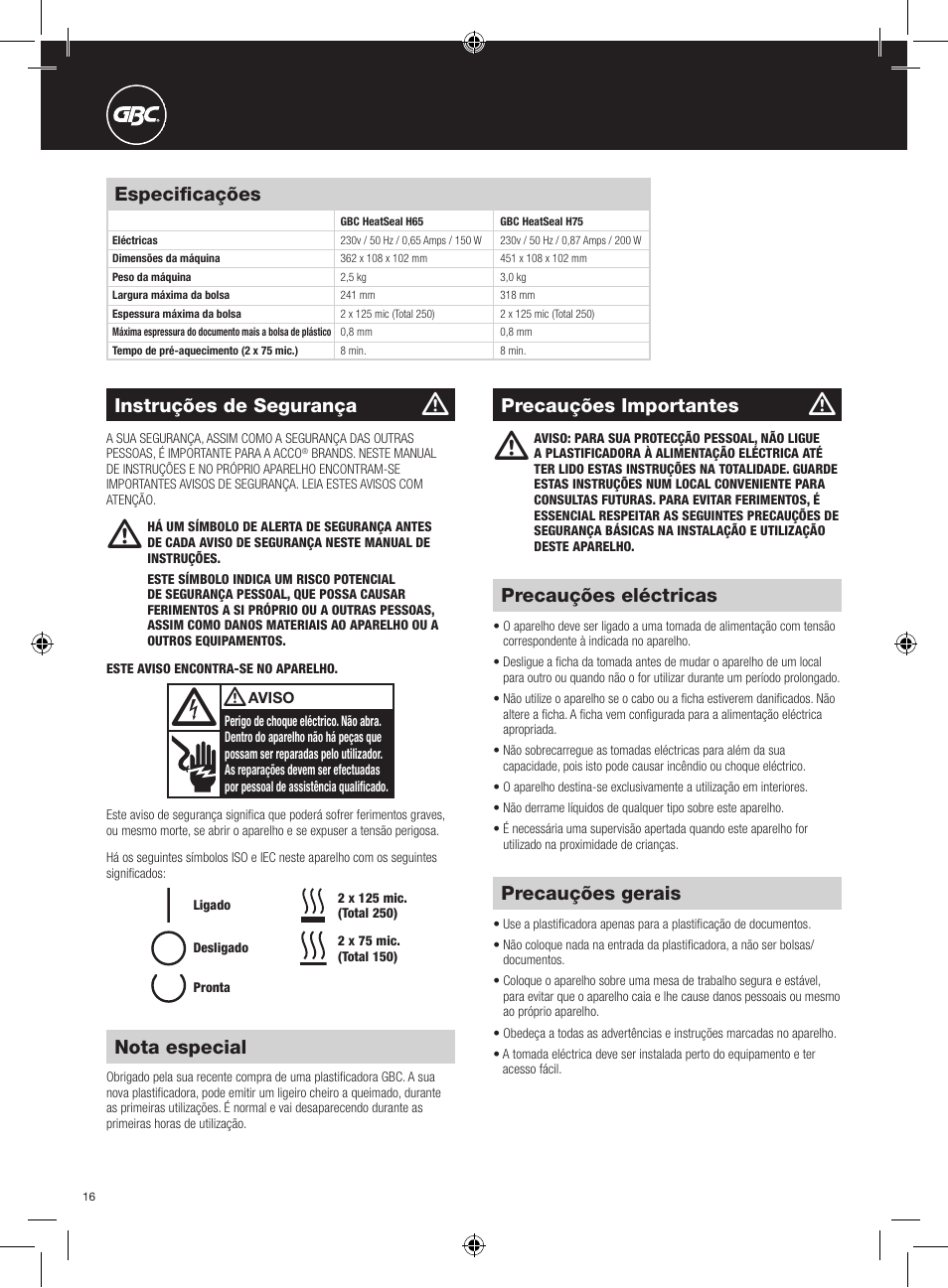Precauções gerais, Precauções eléctricas, Especificações | Precauções importantes, Nota especial, Instruções de segurança | GBC H75 User Manual | Page 16 / 30