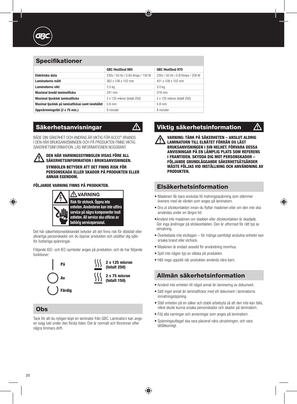 Allmän säkerhetsinformation, Elsäkerhetsinformation, Specifikationer | Viktig säkerhetsinformation, Säkerhetsanvisningar | GBC H75 User Manual | Page 20 / 30
