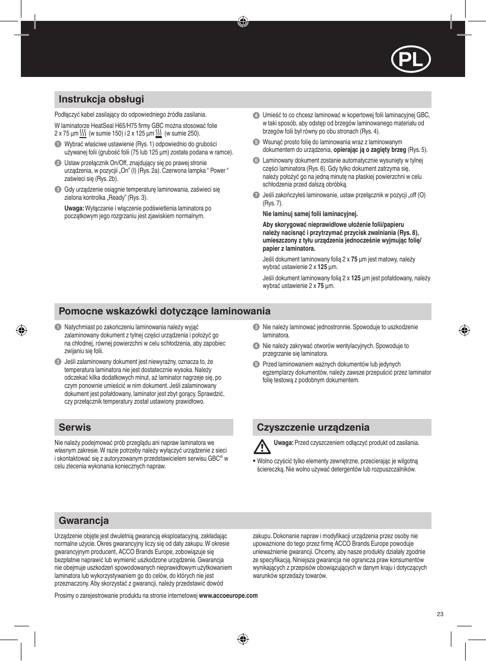 Gwarancja, Czyszczenie urządzenia instrukcja obsługi, Pomocne wskazówki dotyczące laminowania | Serwis | GBC H75 User Manual | Page 23 / 30