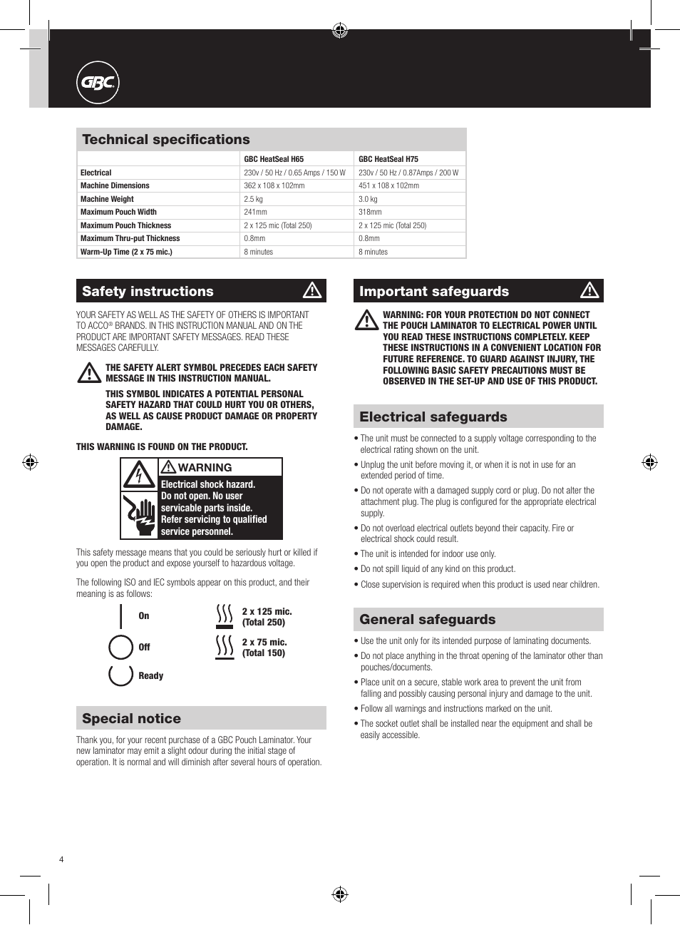 General safeguards, Electrical safeguards, Technical specifications | Important safeguards, Special notice, Safety instructions | GBC H75 User Manual | Page 4 / 30