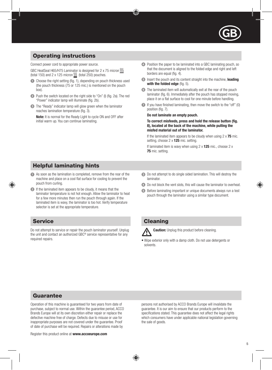 Guarantee, Cleaning operating instructions, Helpful laminating hints | Service | GBC H75 User Manual | Page 5 / 30